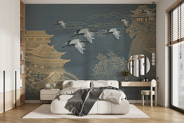 Painting of a landscape with cranes flying over a building Painting of a landscape with cranes flying over a building