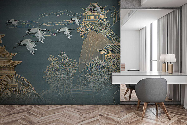 Painting of a landscape with cranes flying over a building Painting of a landscape with cranes flying over a building