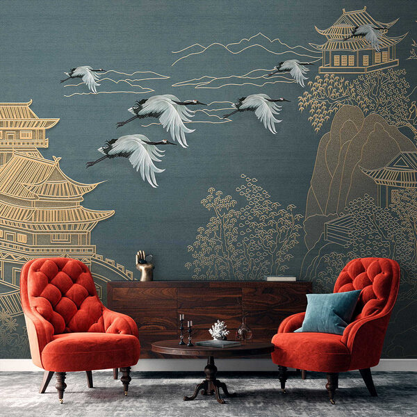 Painting of a landscape with cranes flying over a building Painting of a landscape with cranes flying over a building