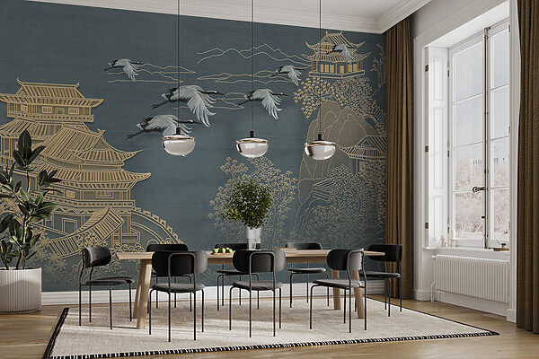 Painting of a landscape with cranes flying over a building Painting of a landscape with cranes flying over a building
