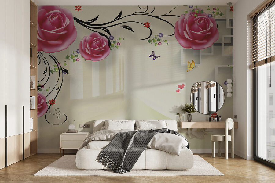 Papel de parede com rosas e pássaros