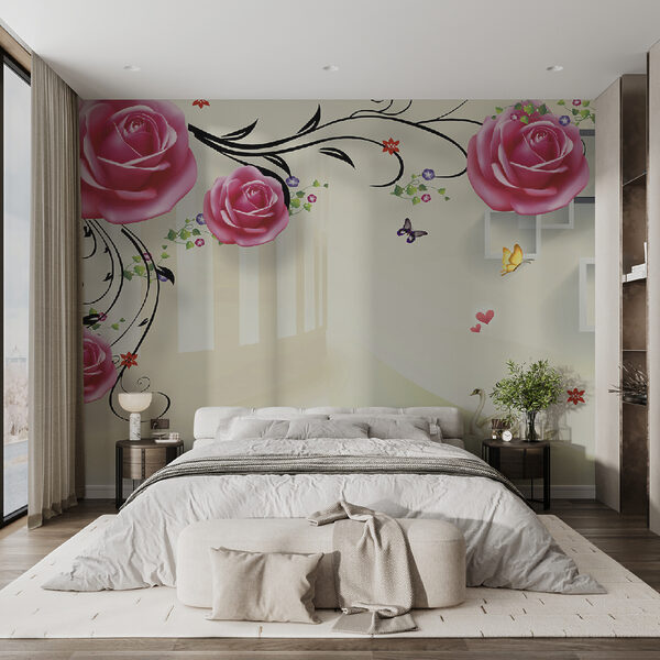 Papel de parede com rosas e pássaros Papel de parede com rosas e pássaros