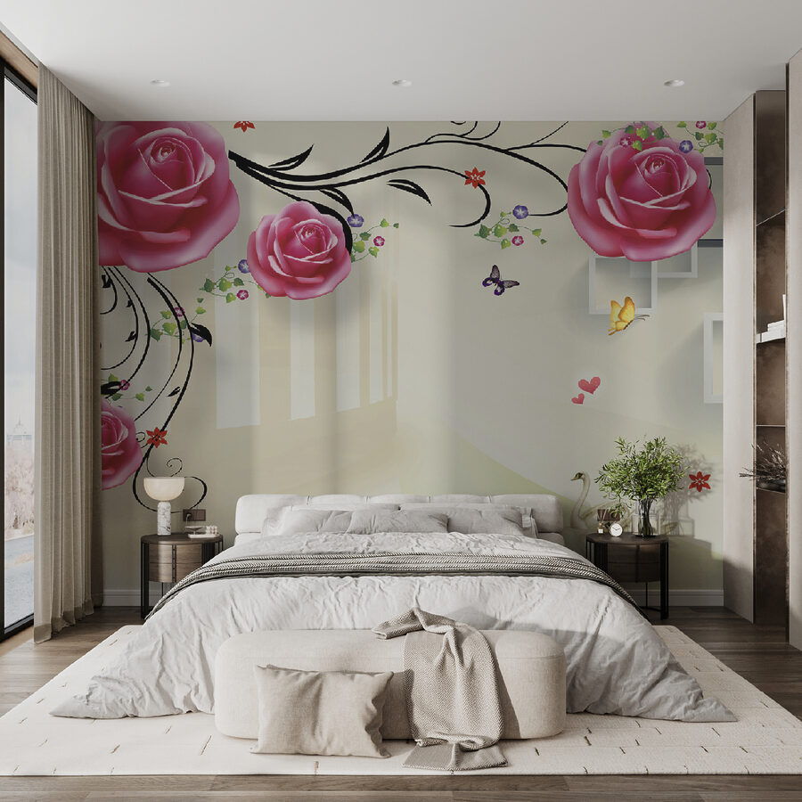 Papel de parede com rosas e pássaros