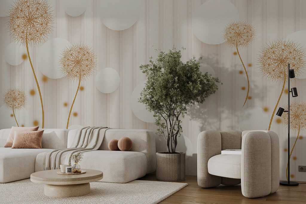 White circles and dandelions on a white background White circles and dandelions on a white background