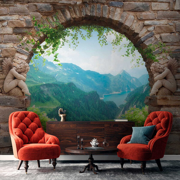 Arco de pedra com estátuas de pedra e vista para um vale e montanhas Arco de pedra com estátuas de pedra e vista para um vale e montanhas