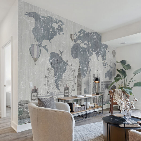 Mapa do mundo com edifícios e uma roda gigante Mapa do mundo com edifícios e uma roda gigante
