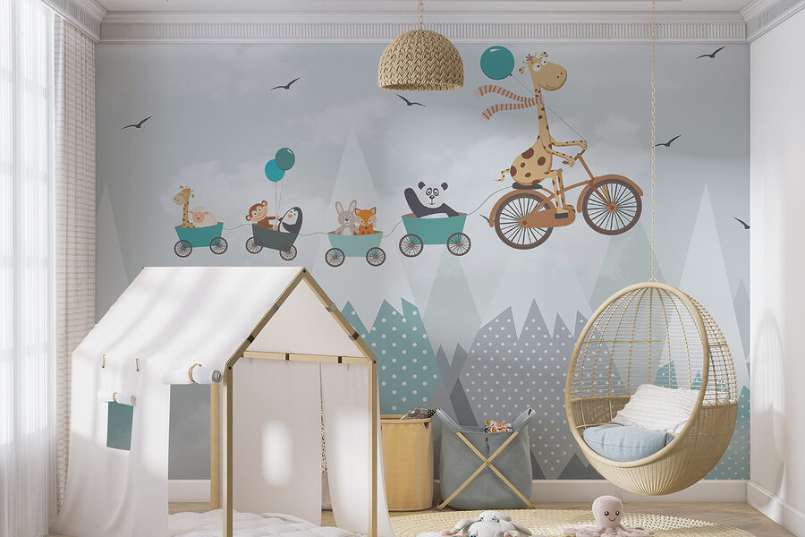 Papel de parede Girafa a andar de bicicleta com um comboio e animais - Image 2