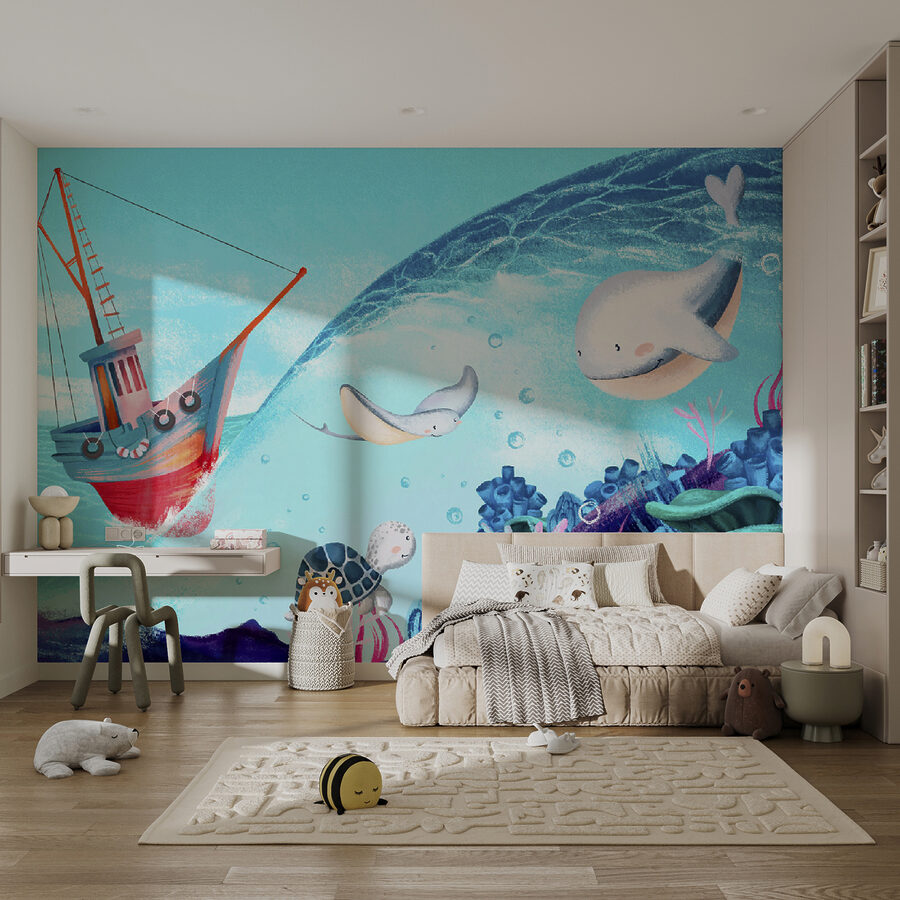 Desenho animado de um barco e de animais marinhos