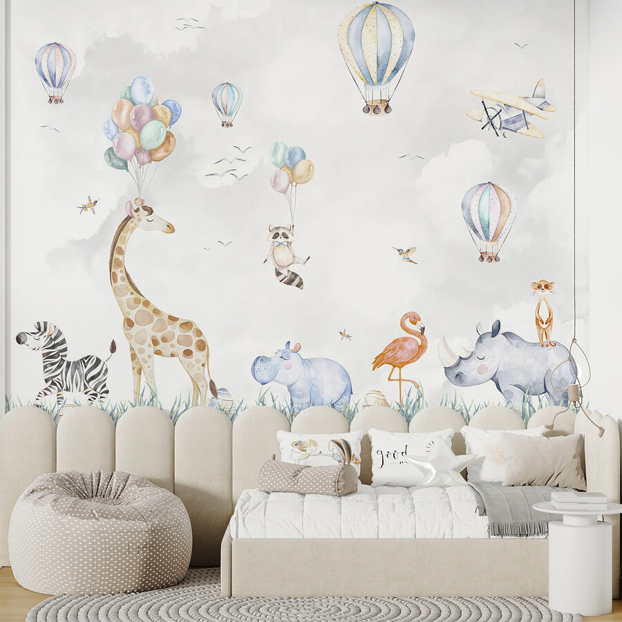 Mural de parede com animais e balões