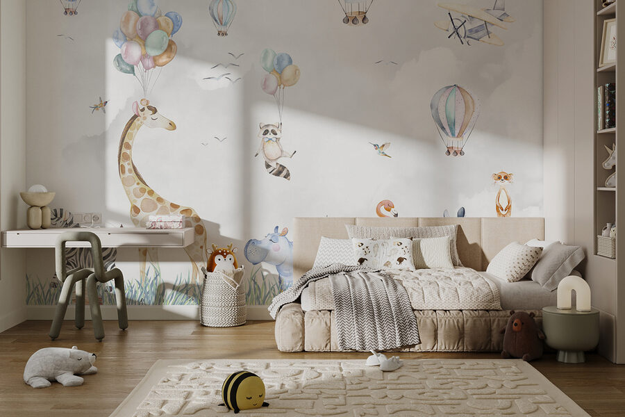 Mural de parede com animais e balões