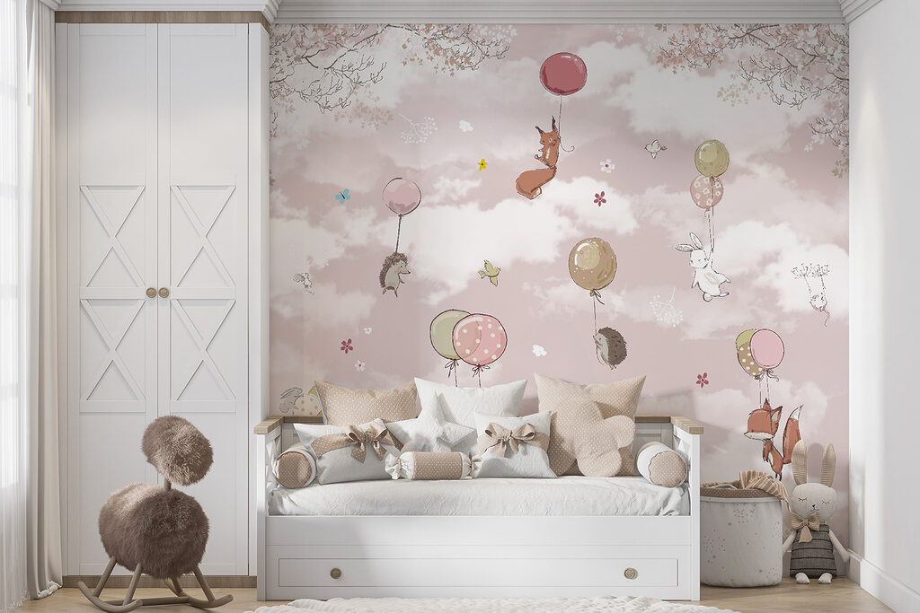 Group of animals flying with balloons in the sky Group of animals flying with balloons in the sky