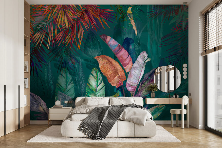 Folhas tropicais coloridas e pássaros