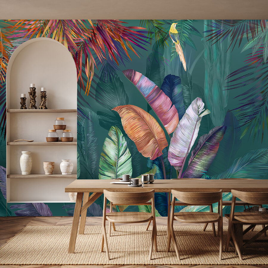 Folhas tropicais coloridas e pássaros