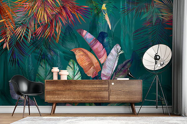 Folhas tropicais coloridas e pássaros Folhas tropicais coloridas e pássaros