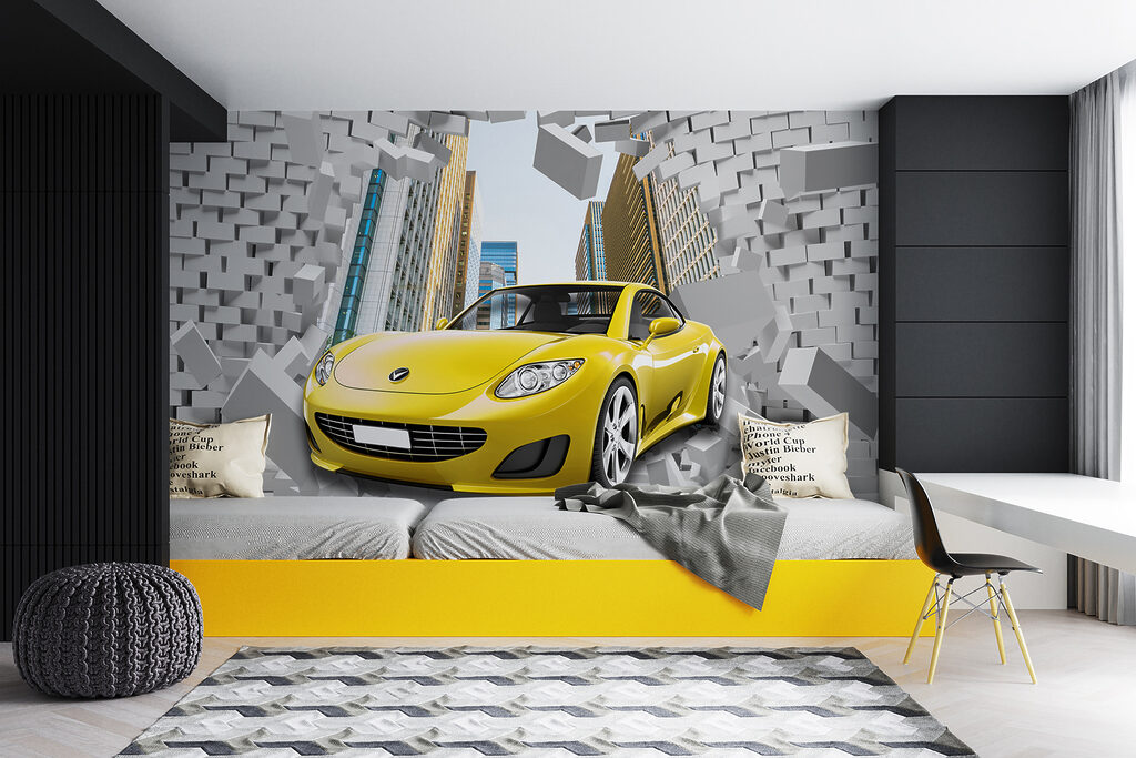 Yellow car in a wall of bricks