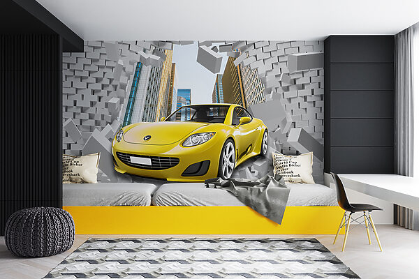 Carro amarelo num muro de tijolos Carro amarelo num muro de tijolos