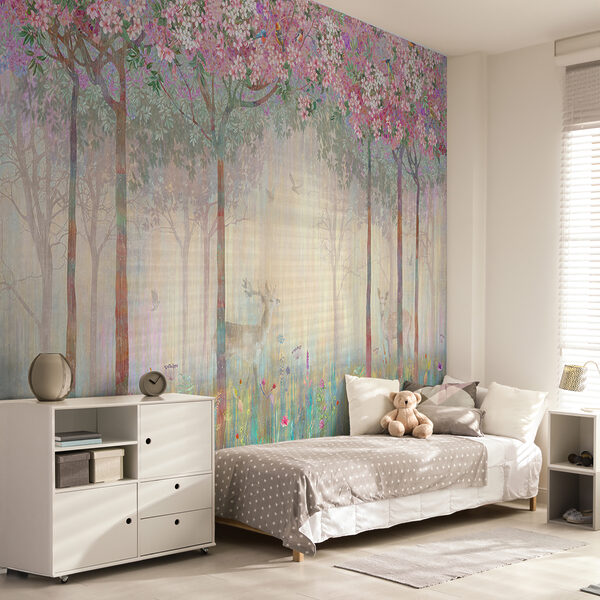 Pintura de uma floresta com árvores e flores Pintura de uma floresta com árvores e flores