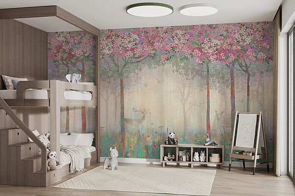 Pintura de uma floresta com árvores e flores Pintura de uma floresta com árvores e flores