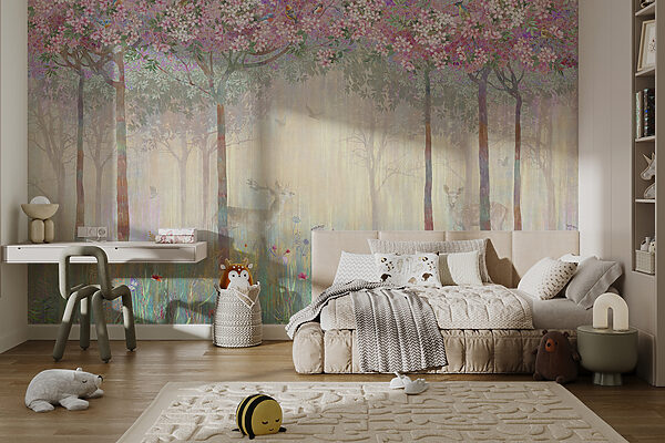 Pintura de uma floresta com árvores e flores Pintura de uma floresta com árvores e flores