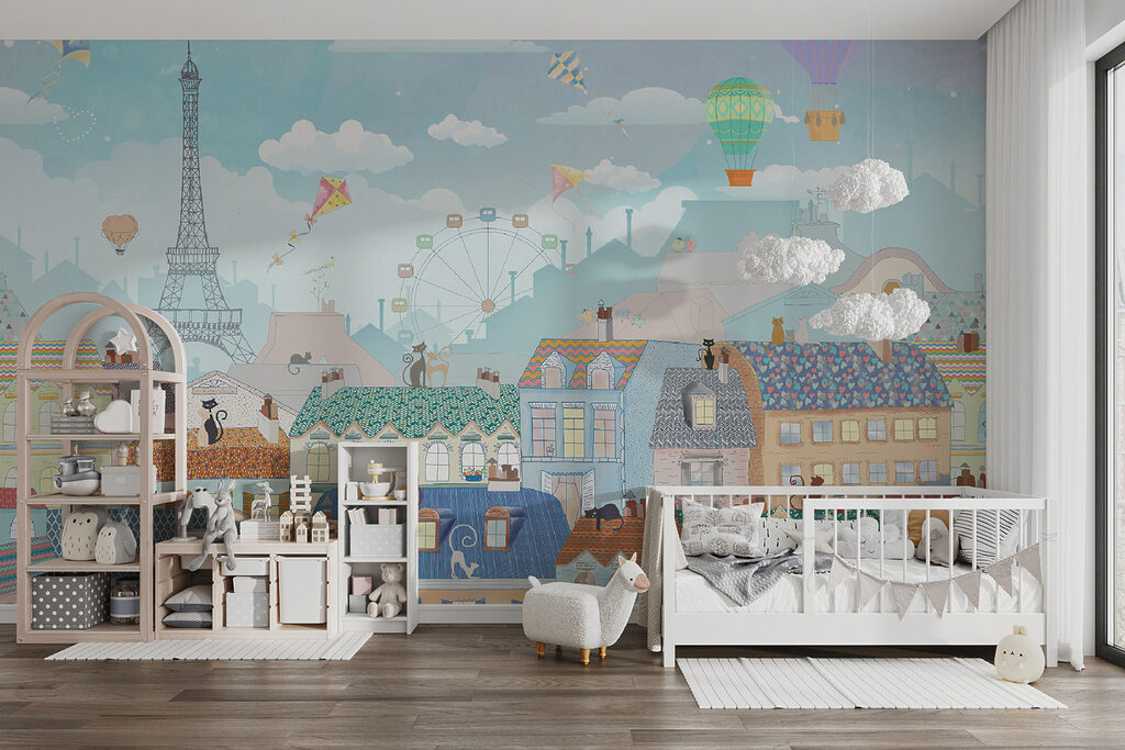 Cartoon city with many buildings and hot air balloons Cartoon city with many buildings and hot air balloons