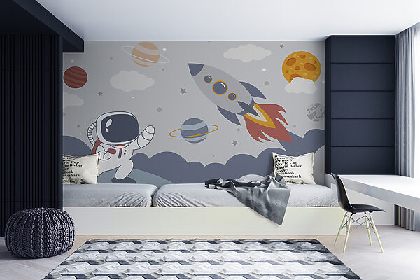 Desenho animado de um astronauta a caminhar num planeta com um foguetão no céu Desenho animado de um astronauta a caminhar num planeta com um foguetão no céu