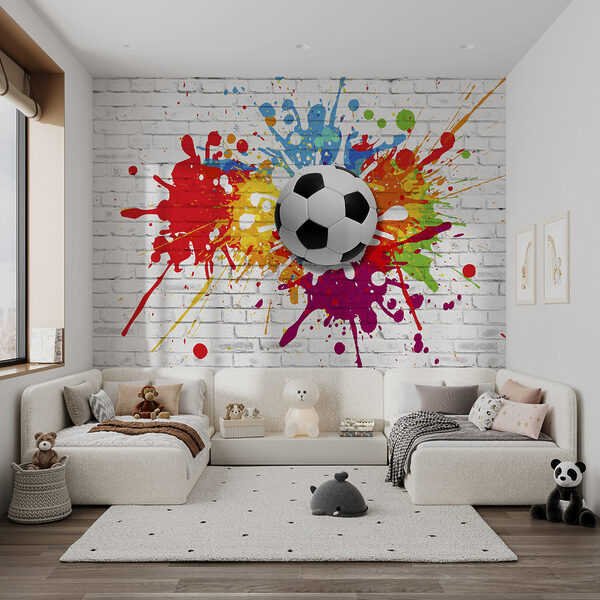 Bola de futebol numa parede de tijolo Bola de futebol numa parede de tijolo