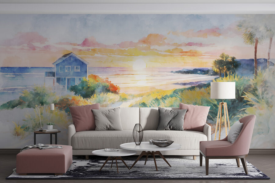 Pintura a aguarela de uma casa e de uma praia