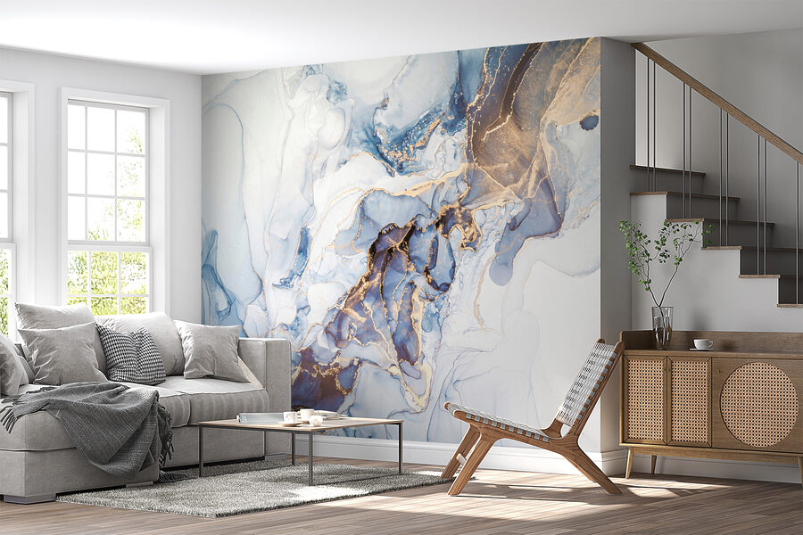 Arte abstrata suave em azul e branco.