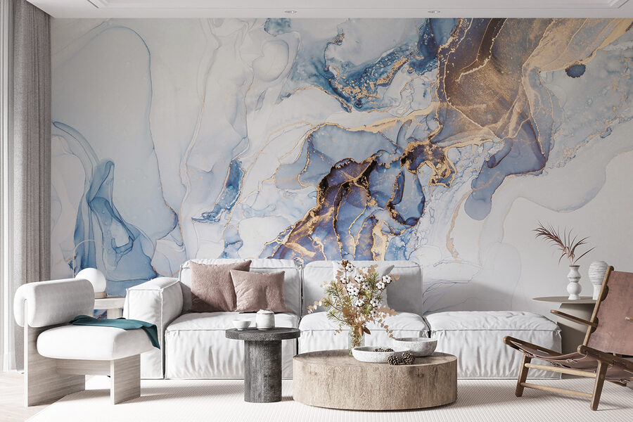 Arte abstrata suave em azul e branco.