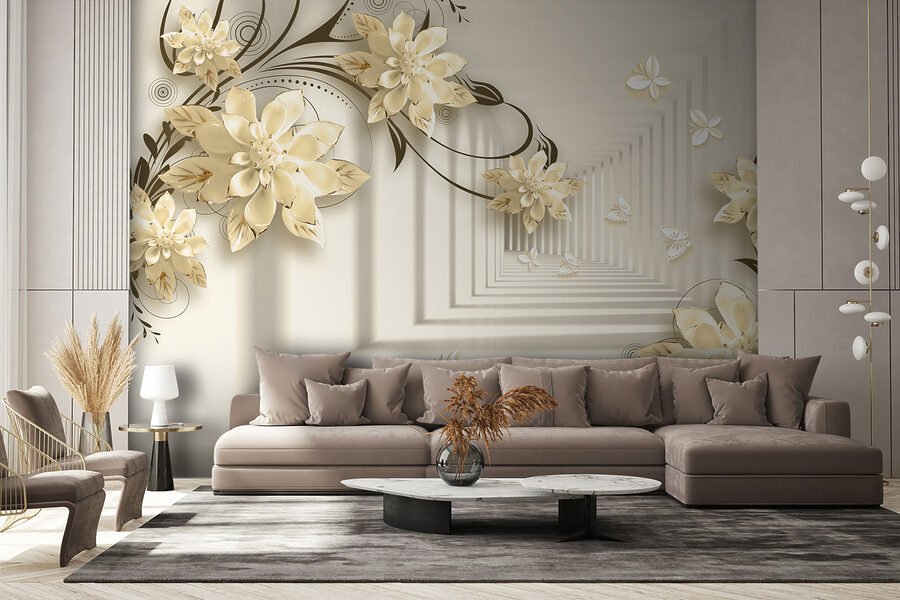 Papel de parede com flores e borboletas