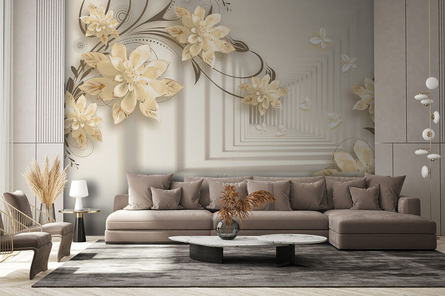 Papel de parede com flores e borboletas