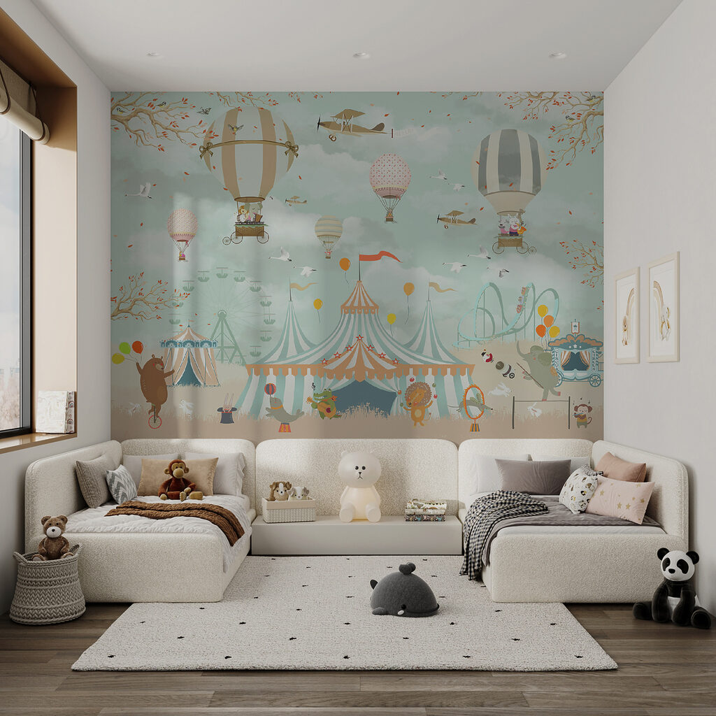 Circus tent with hot air balloons and birds