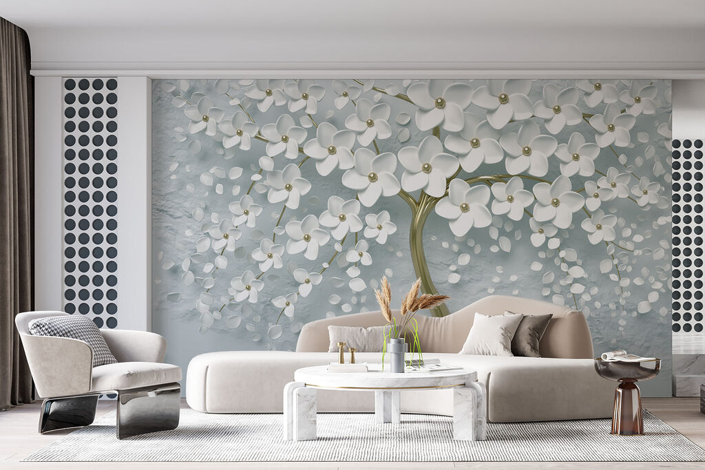 Tree with white flowers on a grey background Tree with white flowers on a grey background