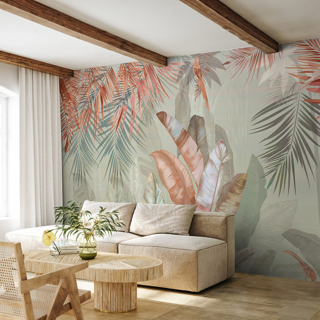 Tropical foliage in soft pastel hues