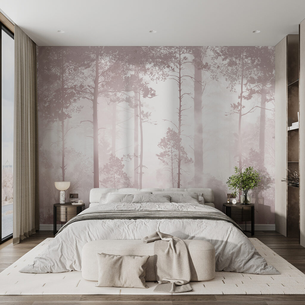 A foggy forest with tall trees