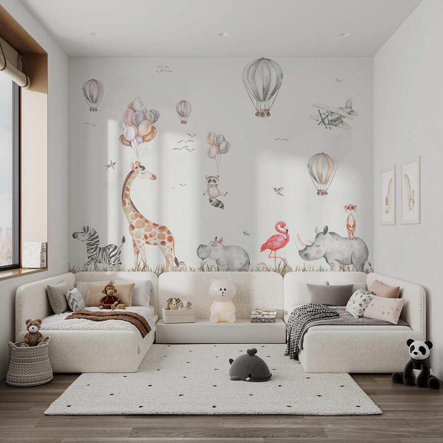 Papel de parede Mural de parede com animais e balões de ar quente - Image 4