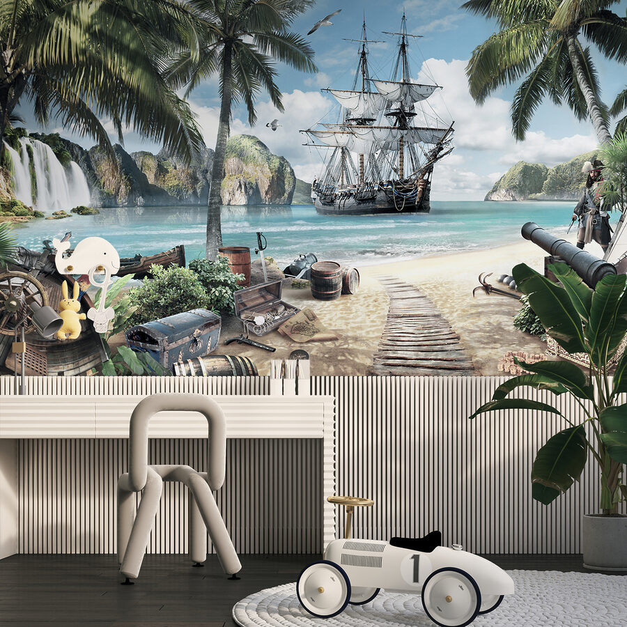Pintura de um navio numa praia