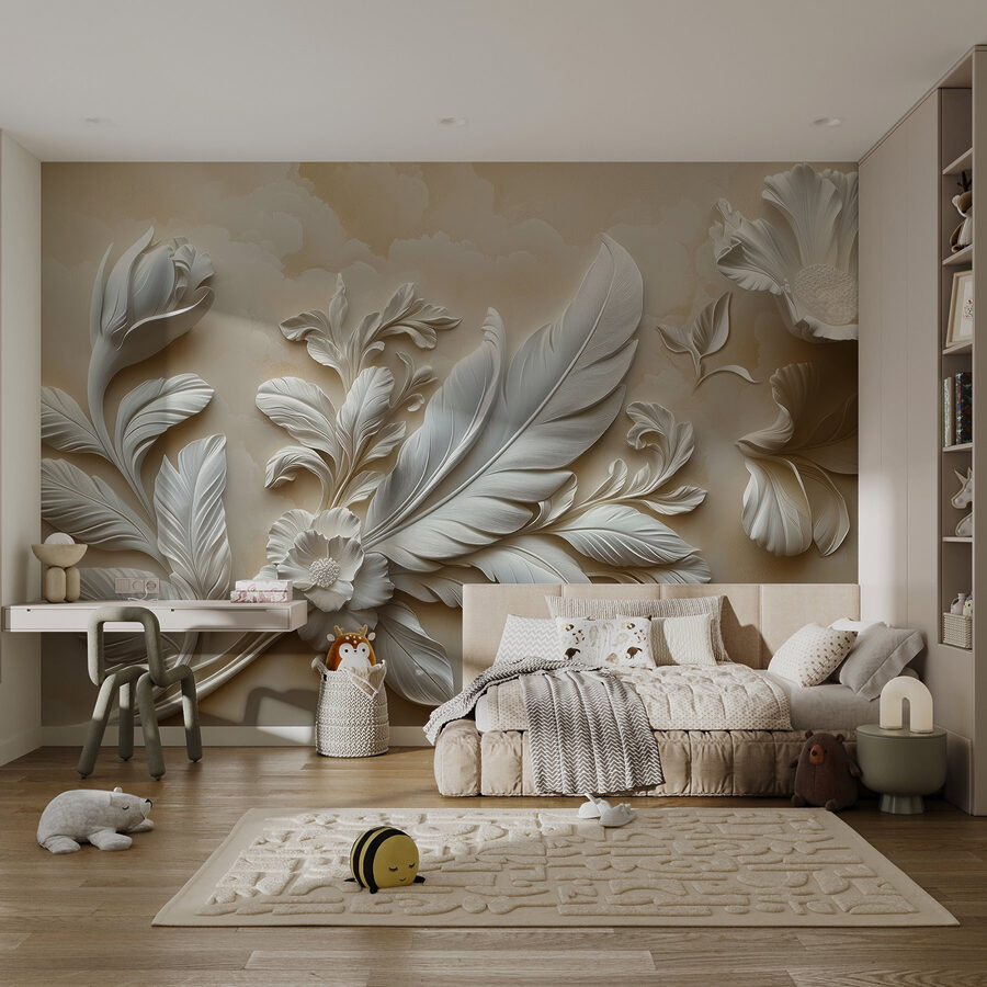 Desenho floral branco numa parede
