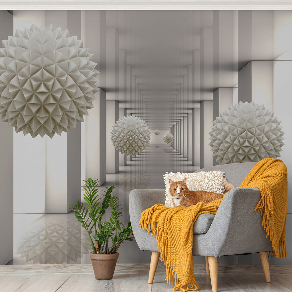 White room with white columns and white balls