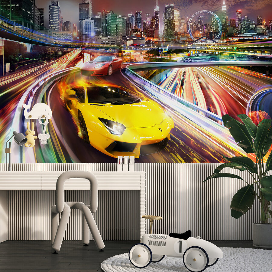 Papel de parede Carros desportivos amarelos e vermelhos numa estrada com uma cidade ao fundo - Image 6