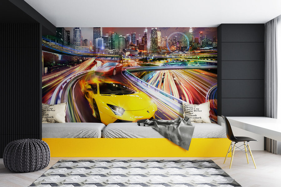 Papel de parede Carros desportivos amarelos e vermelhos numa estrada com uma cidade ao fundo - Image 7