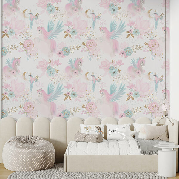 Padrão de unicórnios e flores cor-de-rosa e azuis Padrão de unicórnios e flores cor-de-rosa e azuis