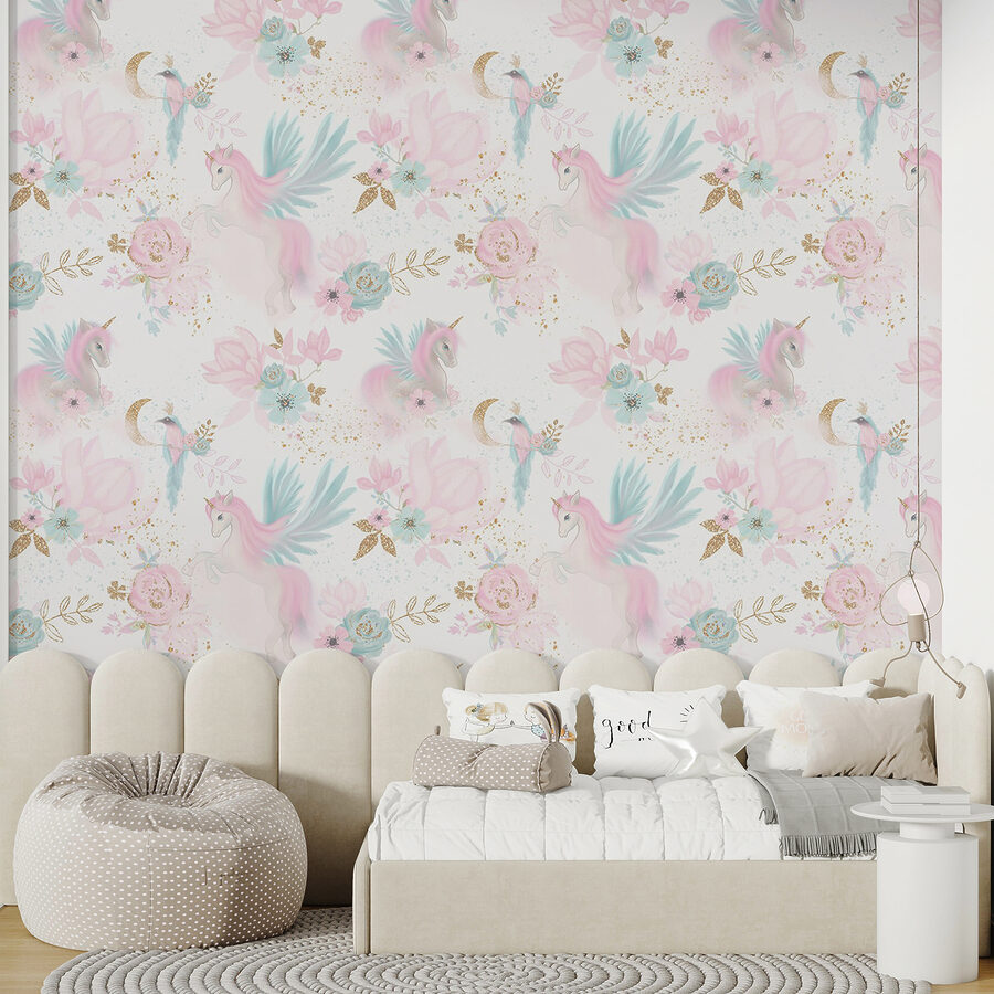 Padrão de unicórnios e flores cor-de-rosa e azuis