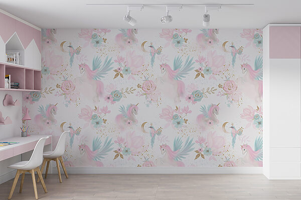 Padrão de unicórnios e flores cor-de-rosa e azuis Padrão de unicórnios e flores cor-de-rosa e azuis
