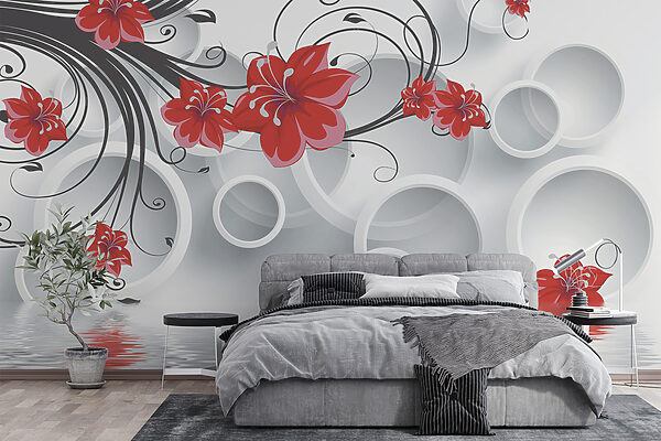 Papel de parede com flores vermelhas e círculos brancos Papel de parede com flores vermelhas e círculos brancos