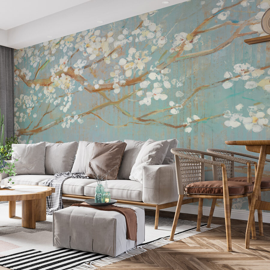 Pintura de um ramo de árvore com flores brancas