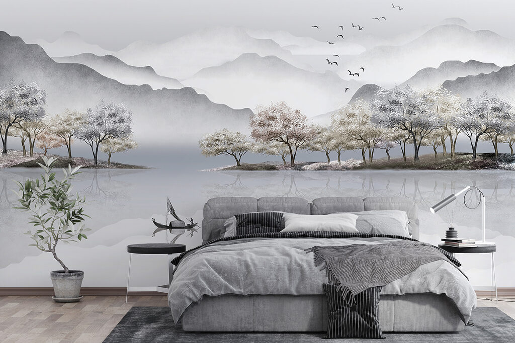 Painting of a lake with trees and mountains