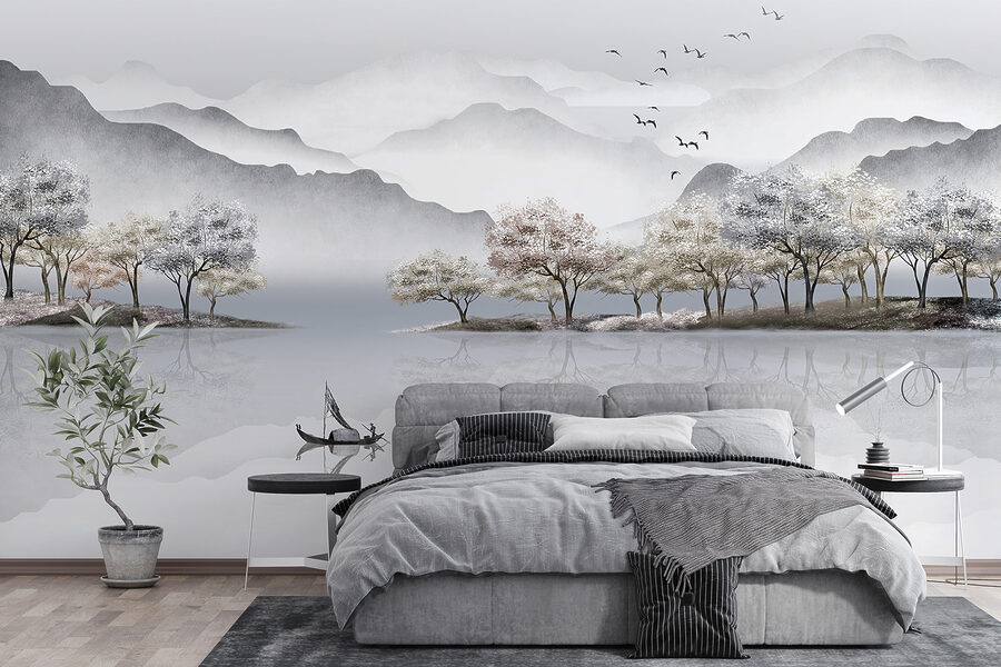 Pintura de um lago com árvores e montanhas