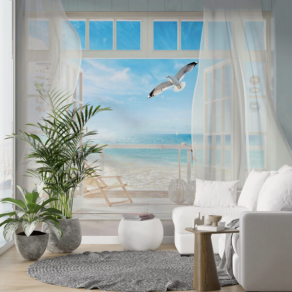 Vista de uma praia a partir de um quarto com um pássaro a voar sobre ela Vista de uma praia a partir de um quarto com um pássaro a voar sobre ela