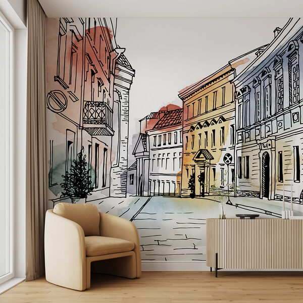 Desenho de uma rua com edifícios Desenho de uma rua com edifícios